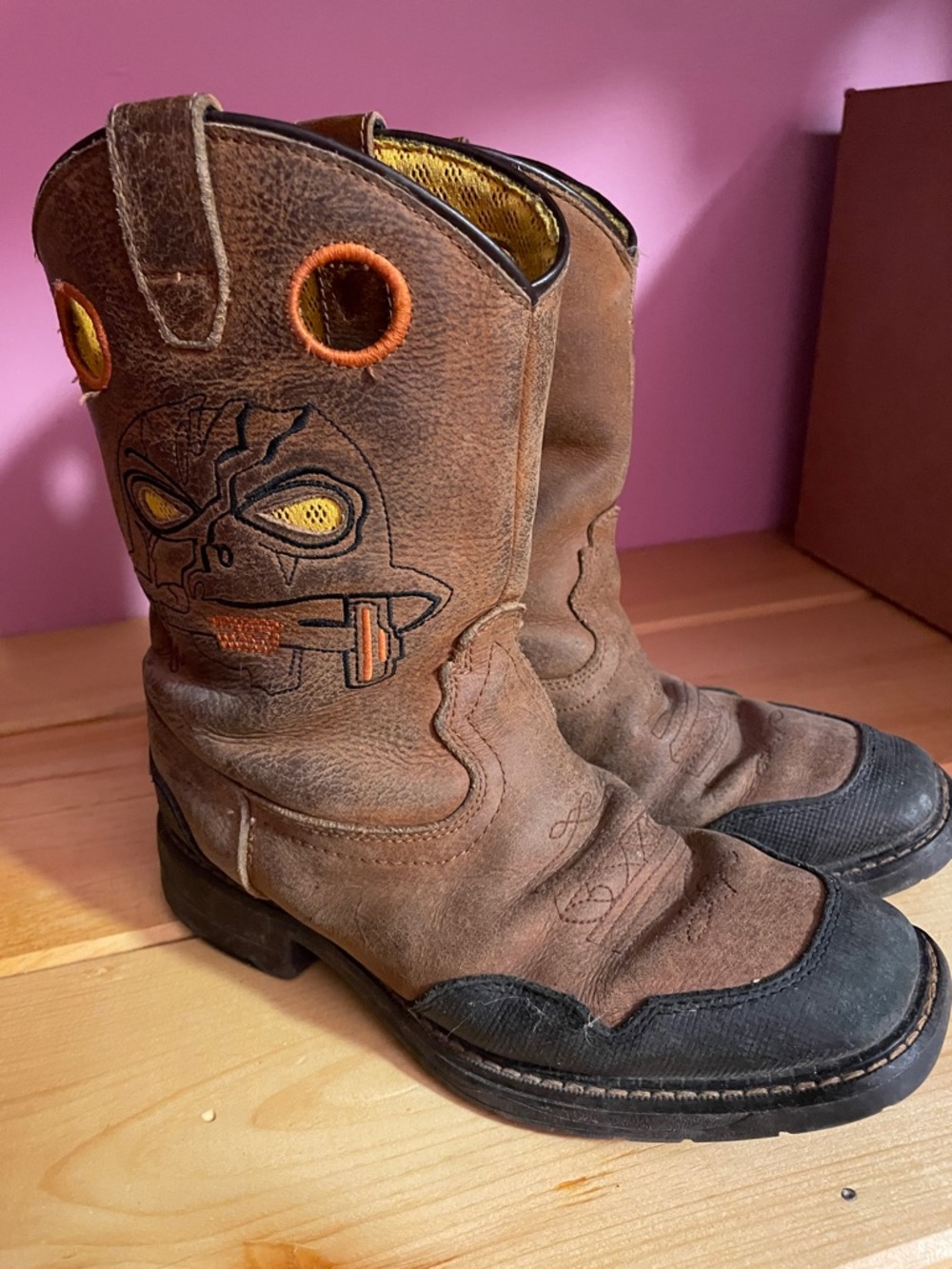Kids Brown Pull-On Western Boots with Orange Accent